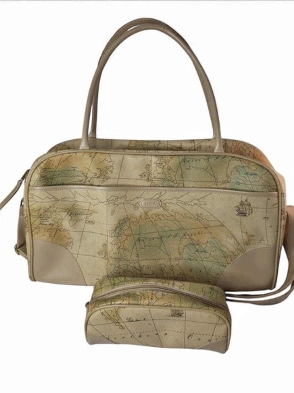 Signature Club A Vintage World Map Print Weekender Bag with Pouch in Tan